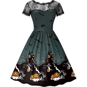 Womens Halloween Costume Lace Short Sleeves Swing Black Midi Dress